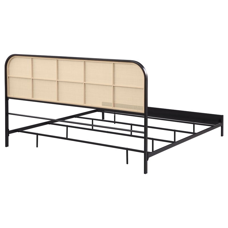 Ammy King Bed- Radio Weave Headboard- Brown Faux Rattan- Black Metal