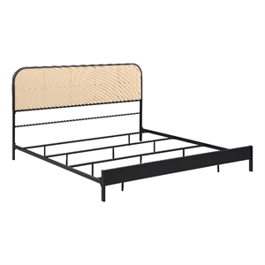 Ammy King Bed- Radio Weave Headboard- Brown Faux Rattan- Black Metal