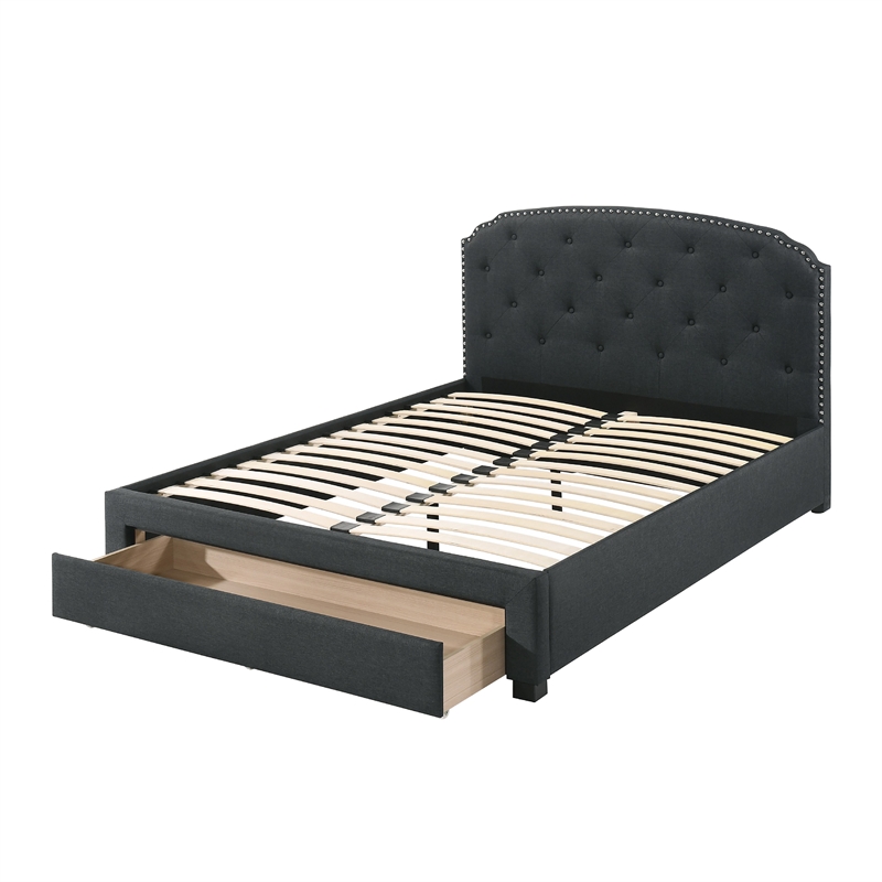 Mry King Size Bed- Charcoal Gray Upholstery- Footboard Storage Drawer