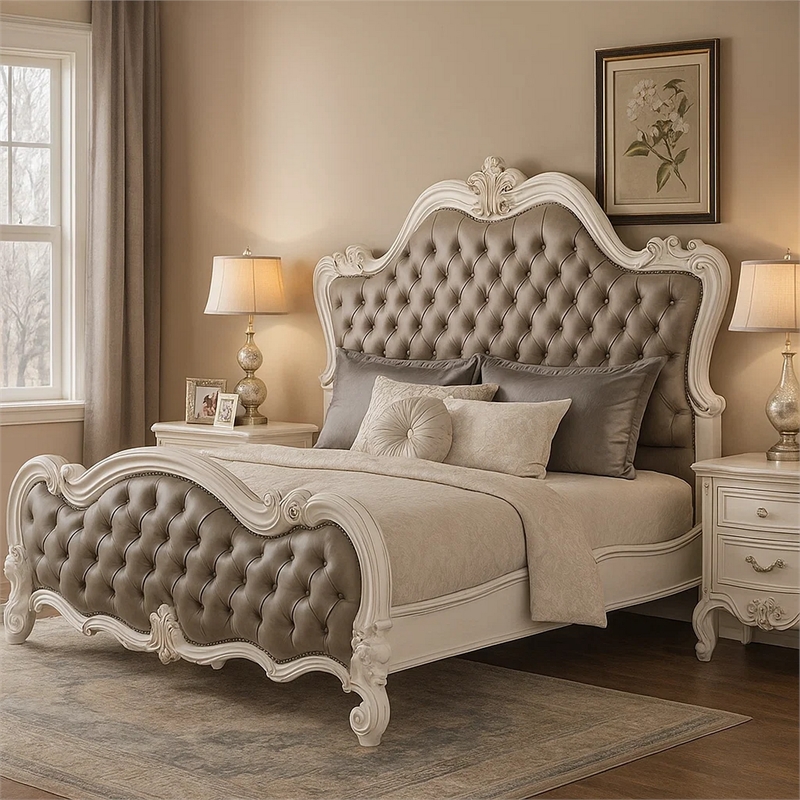 Sicily King Bed- Classic White Carved Frame- Tufted Gray Faux Leather