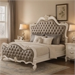 Sicily King Bed- Classic White Carved Frame- Tufted Gray Faux Leather