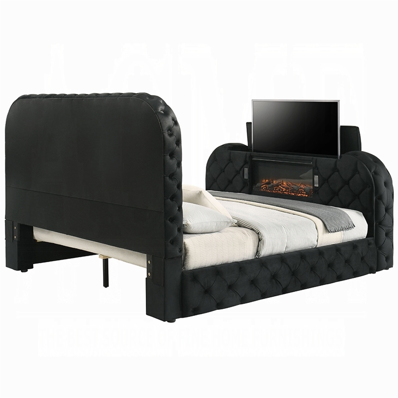 Kerie Queen Size Bed with LED Fireplace- TV Lift Stand- Black Velvet