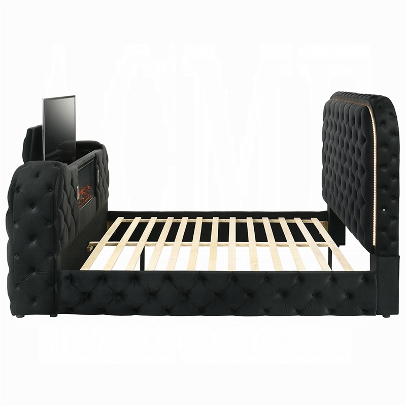 Kerie Queen Size Bed with LED Fireplace- TV Lift Stand- Black Velvet