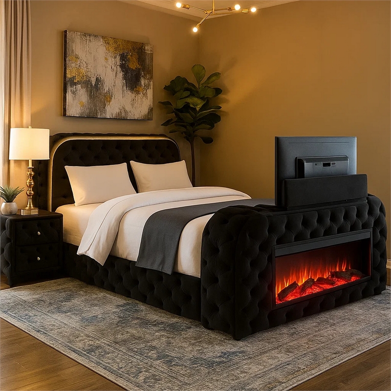 Kerie Queen Size Bed with LED Fireplace- TV Lift Stand- Black Velvet