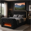 Kerie Queen Size Bed with LED Fireplace- TV Lift Stand- Black Velvet