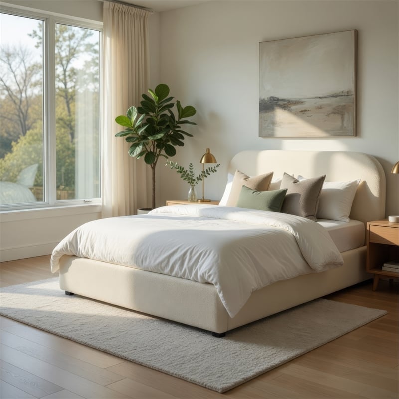 Ardie King Bed- Low Profile Footboard- Plush Beige Upholstered Panel