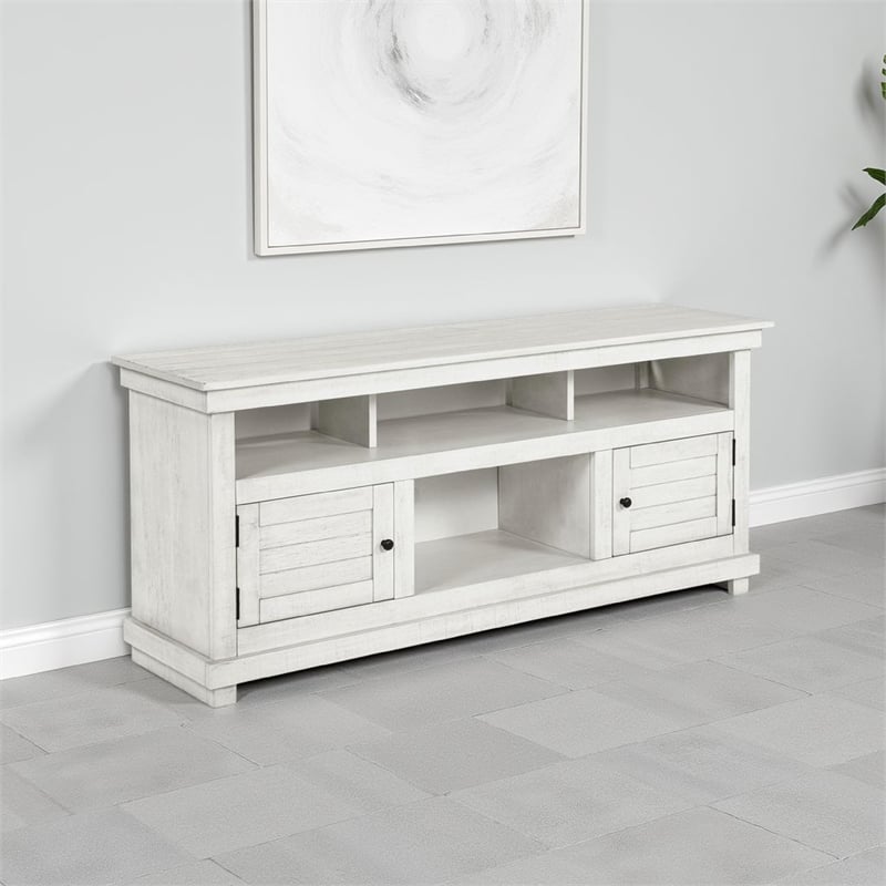 Ayne TV Stand Media Cabinet- 2 Doors and 4 Shelves- White Wood 60 Inch