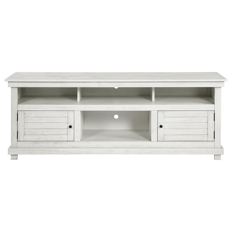 Ayne TV Stand Media Cabinet- 2 Doors and 4 Shelves- White Wood 70 Inch