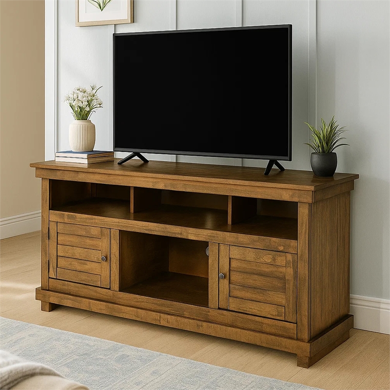 Ayne TV Stand Media Cabinet- 2 Doors and 4 Shelves- Brown Wood 60 Inch