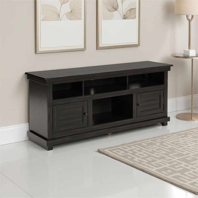 Ayne TV Stand Media Cabinet- 2 Doors and 4 Shelves- Black Wood 60 Inch