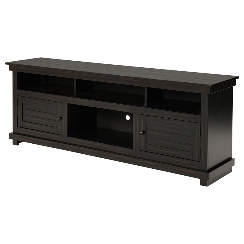 Ayne TV Stand Media Cabinet- 2 Doors and 4 Shelves- Black Wood 70 Inch