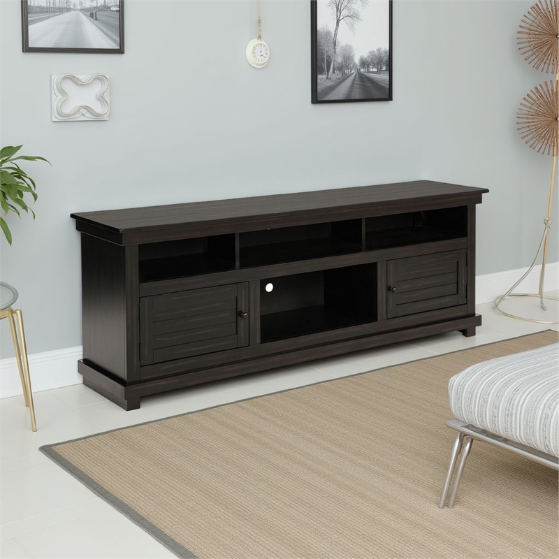 Ayne TV Stand Media Cabinet- 2 Doors and 4 Shelves- Black Wood 70 Inch