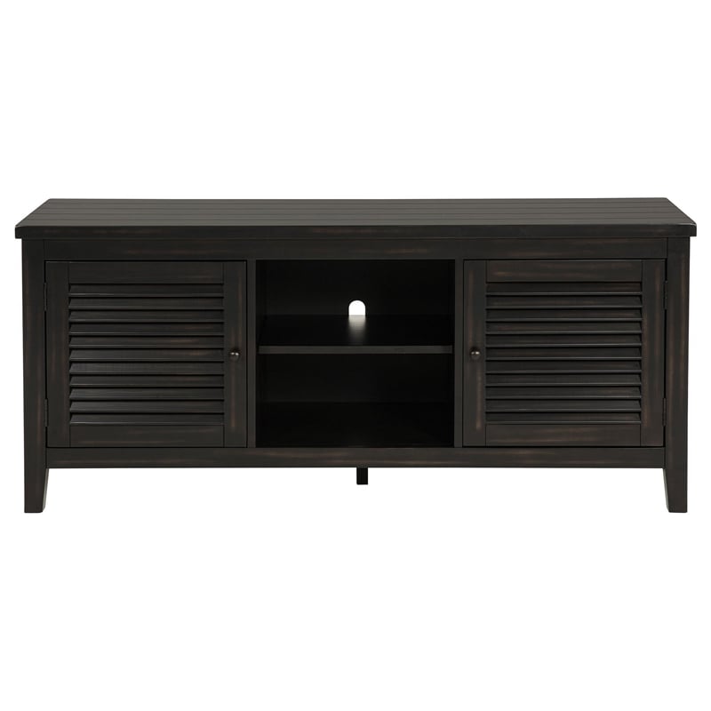 Coni TV Stand Media Cabinet- 2 Door and Shelves- Black Wood 60 Inch