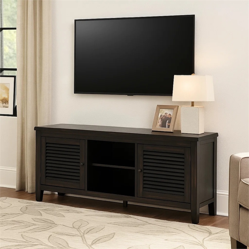 Coni TV Stand Media Cabinet- 2 Door and Shelves- Black Wood 60 Inch