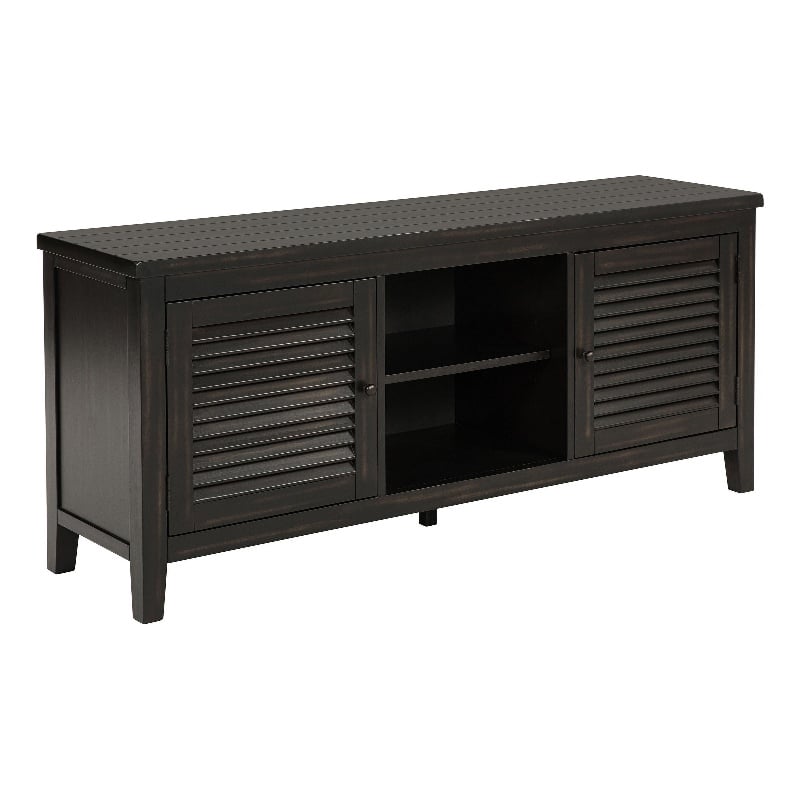 Coni TV Stand Media Cabinet- 2 Door and Shelves- Black Wood 60 Inch