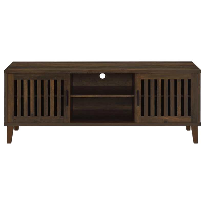 Sid TV Stand Media Cabinet- 2 Slatted Doors- Shelf- Brown Wood 60 Inch