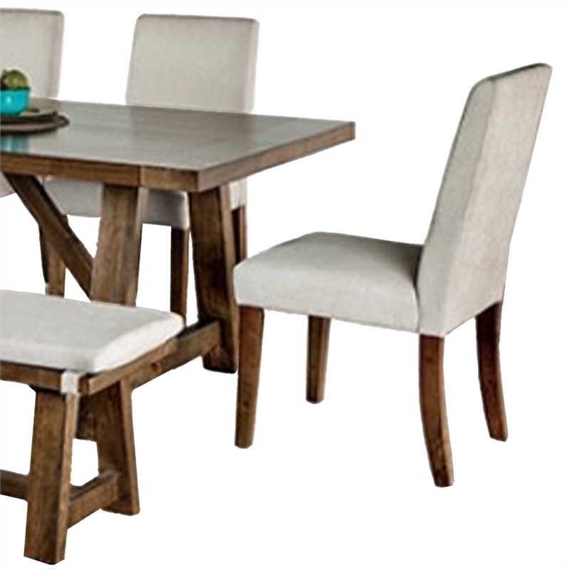 Jule 6pc Dining Set- Brown Rectangular Table- Chairs- Bench w White Seats