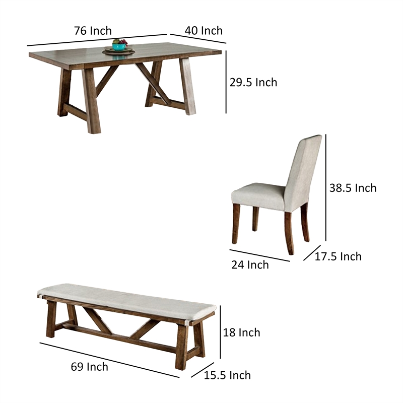 Jule 6pc Dining Set- Brown Rectangular Table- Chairs- Bench w White Seats