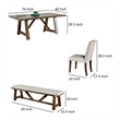 Jule 6pc Dining Set- Brown Rectangular Table- Chairs- Bench w White Seats