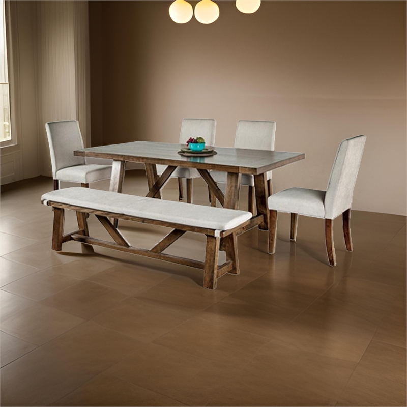 Jule 6pc Dining Set- Brown Rectangular Table- Chairs- Bench w White Seats
