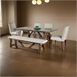 Jule 6pc Dining Set- Brown Rectangular Table- Chairs- Bench w White Seats