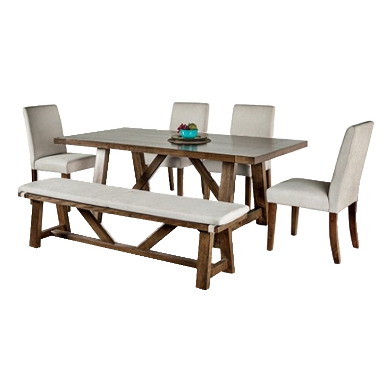 Jule 6pc Dining Set- Brown Rectangular Table- Chairs- Bench w White Seats
