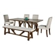 Jule 6pc Dining Set- Brown Rectangular Table- Chairs- Bench w White Seats