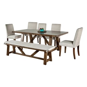 Jule 7pc Dining Set- Brown Rectangular Table- Chairs- Bench w White Seat