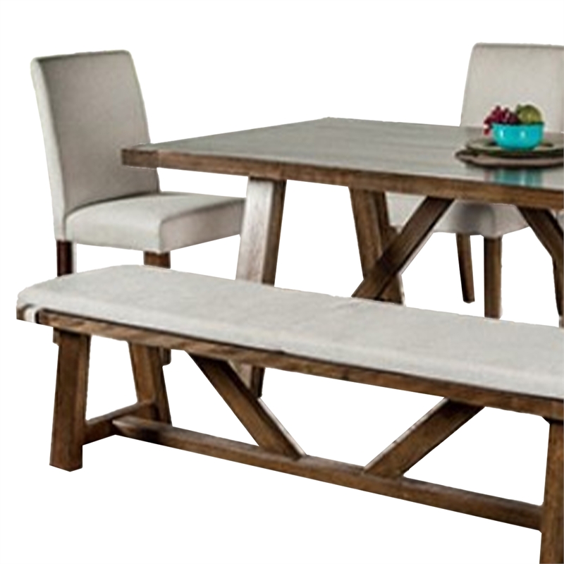 Jule 7pc Dining Set- Brown Rectangular Table- Chairs- Bench w White Seat