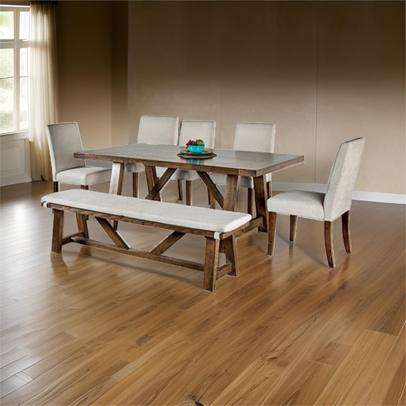 Jule 7pc Dining Set- Brown Rectangular Table- Chairs- Bench w White Seat