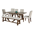 Jule 7pc Dining Set- Brown Rectangular Table- Chairs- Bench w White Seat