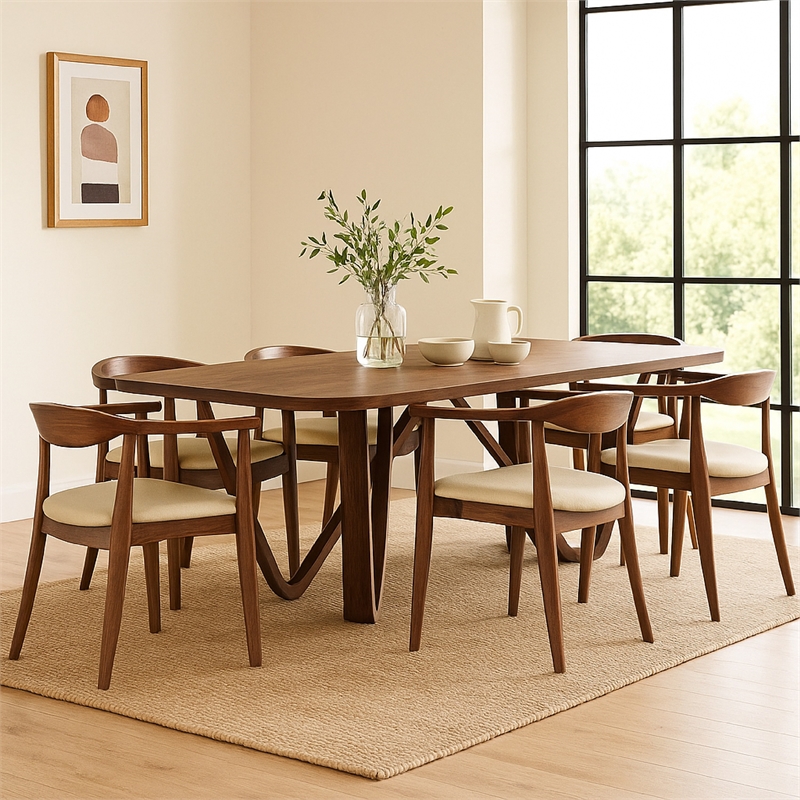 Niva 7pc Dining Table Set- 6 Fabric Side Chairs- Brown Full Solid Wood