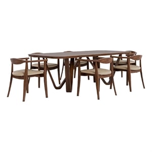Niva 7pc Dining Table Set- 6 Fabric Side Chairs- Brown Full Solid Wood