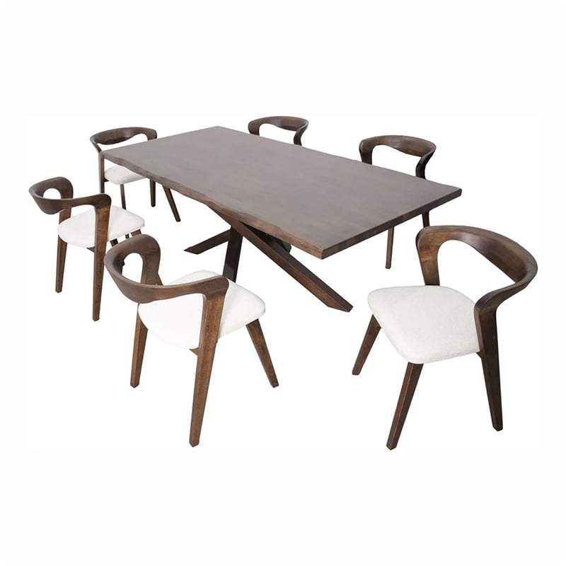Vyva 7pc Dining Table Set- 6 Ivory White Chairs- Brown Full Solid Wood