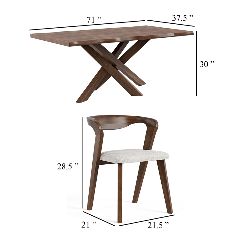 Vyva 7pc Dining Table Set- 6 Ivory White Chairs- Brown Full Solid Wood