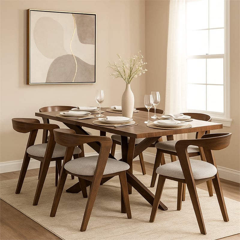 Vyva 7pc Dining Table Set- 6 Ivory White Chairs- Brown Full Solid Wood