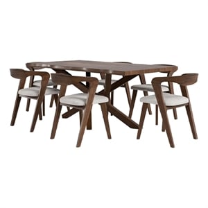 Vyva 7pc Dining Table Set- 6 Ivory White Chairs- Brown Full Solid Wood