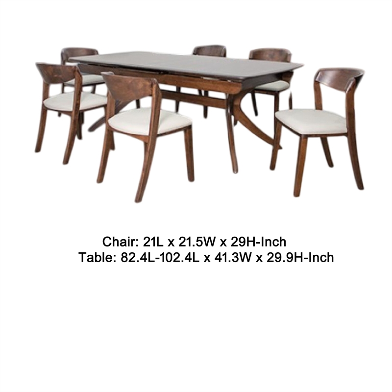 Viki 7pc Dining Table Set- Extendable- Ivory Fabric Chairs- Brown Wood