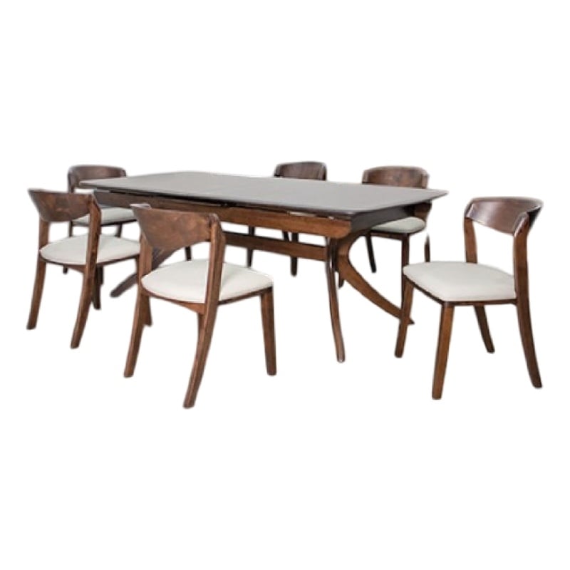Viki 7pc Dining Table Set- Extendable- Ivory Fabric Chairs- Brown Wood