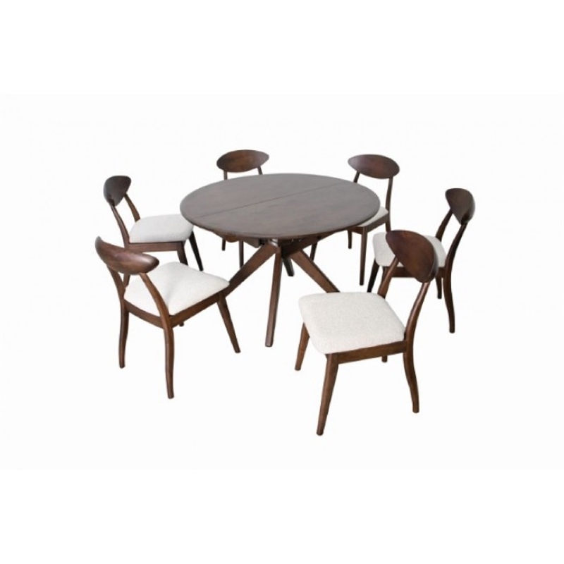 Mikie 7pc Extendable Dining Table Set- 6 Ivory Fabric Chairs- Brown