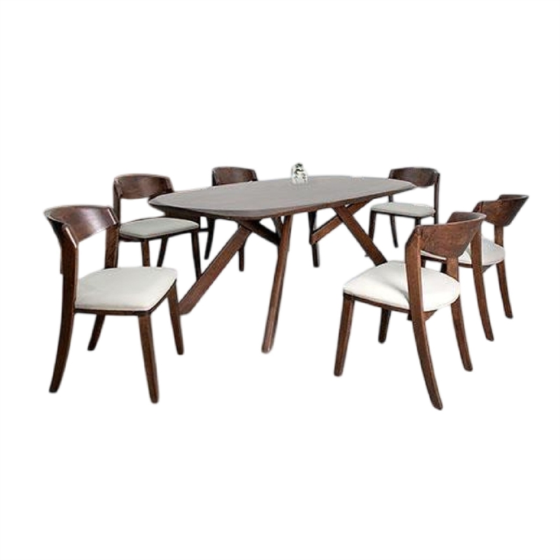 Ziva 7pc Dining Table Set- 6 Ivory Chairs- 3D Edge Brown Solid Wood