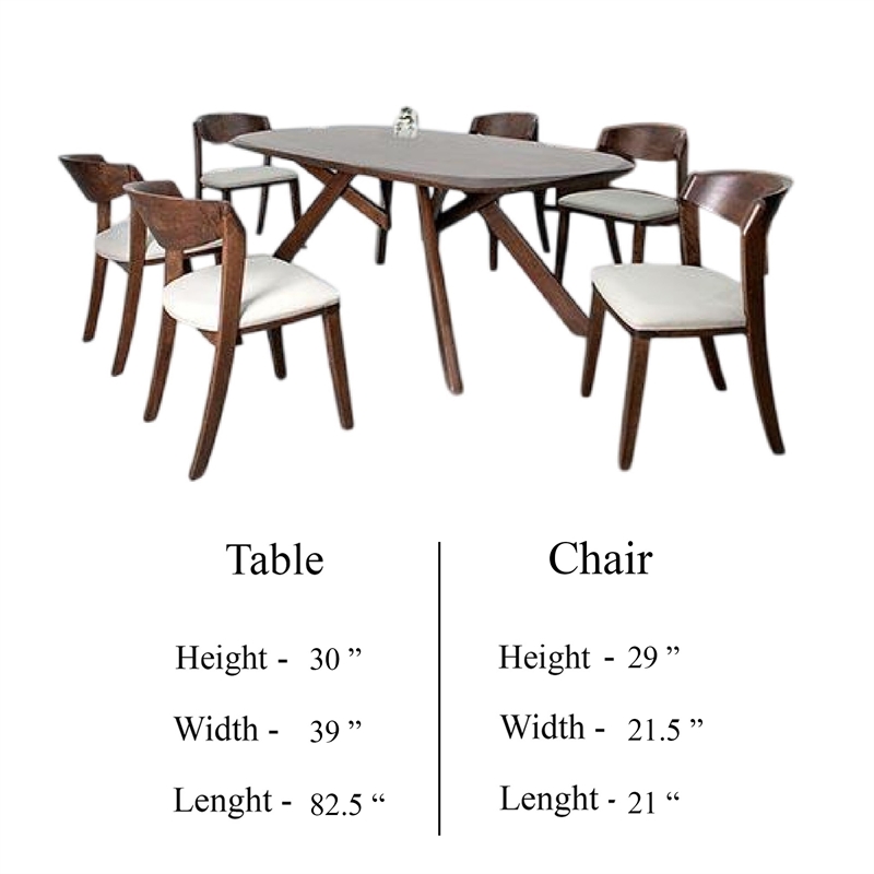 Ziva 7pc Dining Table Set- 6 Ivory Chairs- 3D Edge Brown Solid Wood