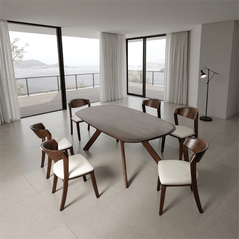 Ziva 7pc Dining Table Set- 6 Ivory Chairs- 3D Edge Brown Solid Wood