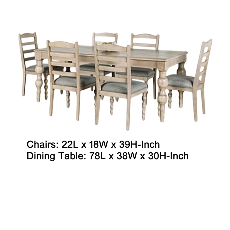 Cherie 7pc Dining Table Set- Turned Legs- 6 Fabric Chairs- Light Brown