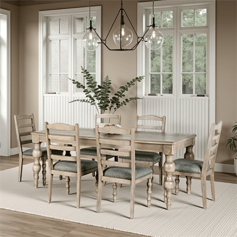 Cherie 7pc Dining Table Set- Turned Legs- 6 Fabric Chairs- Light Brown