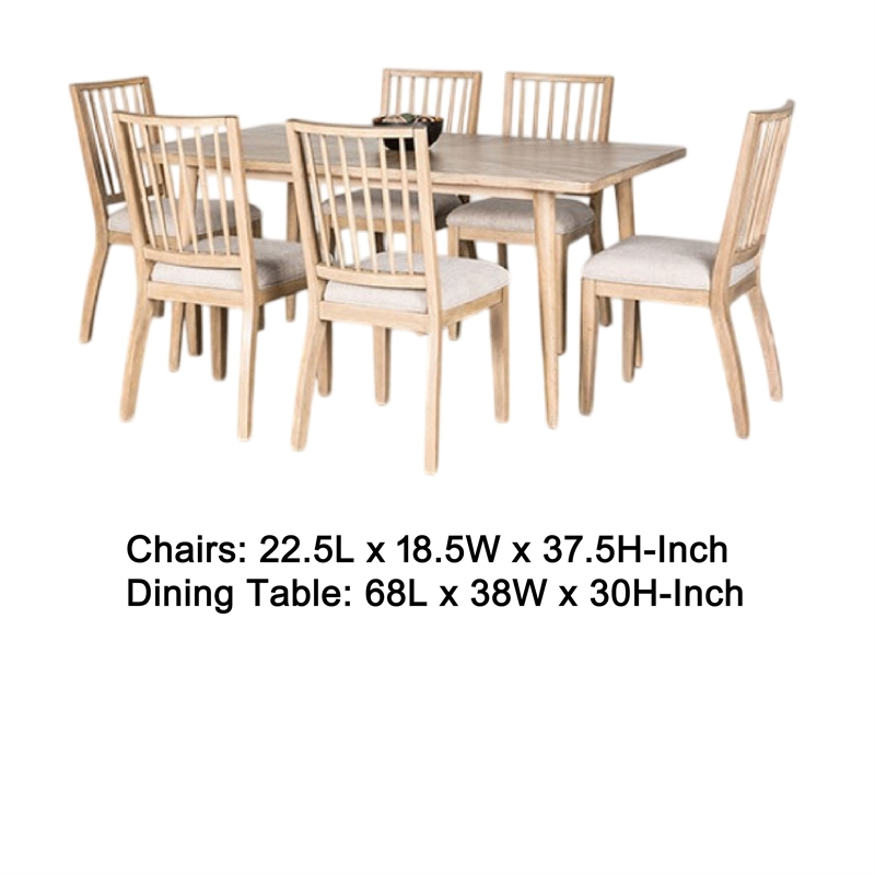 Lucas 7pc Dining Table Set- 6 Spindle Back Fabric Chair- Natural Brown