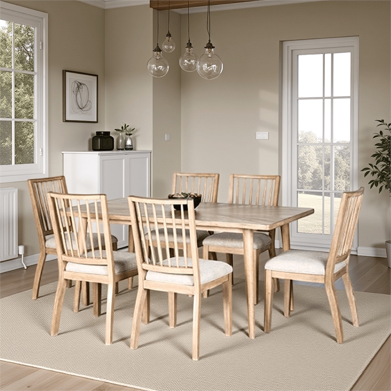 Lucas 7pc Dining Table Set- 6 Spindle Back Fabric Chair- Natural Brown
