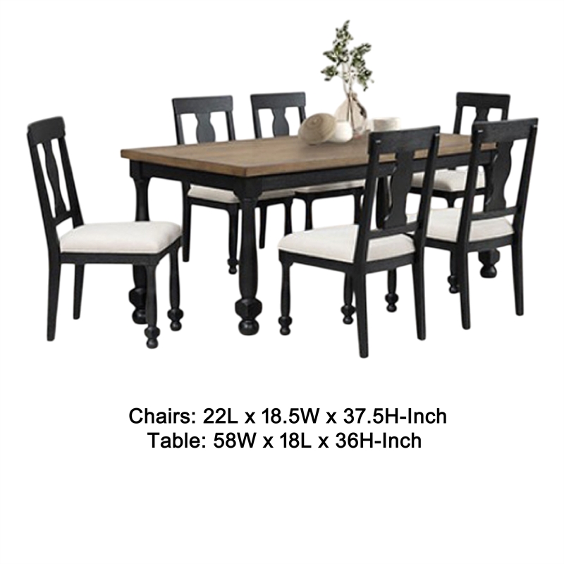 Ginie 7pc Dining Table Set- 6 Chairs- Farmhouse Legs- Black Rubberwood