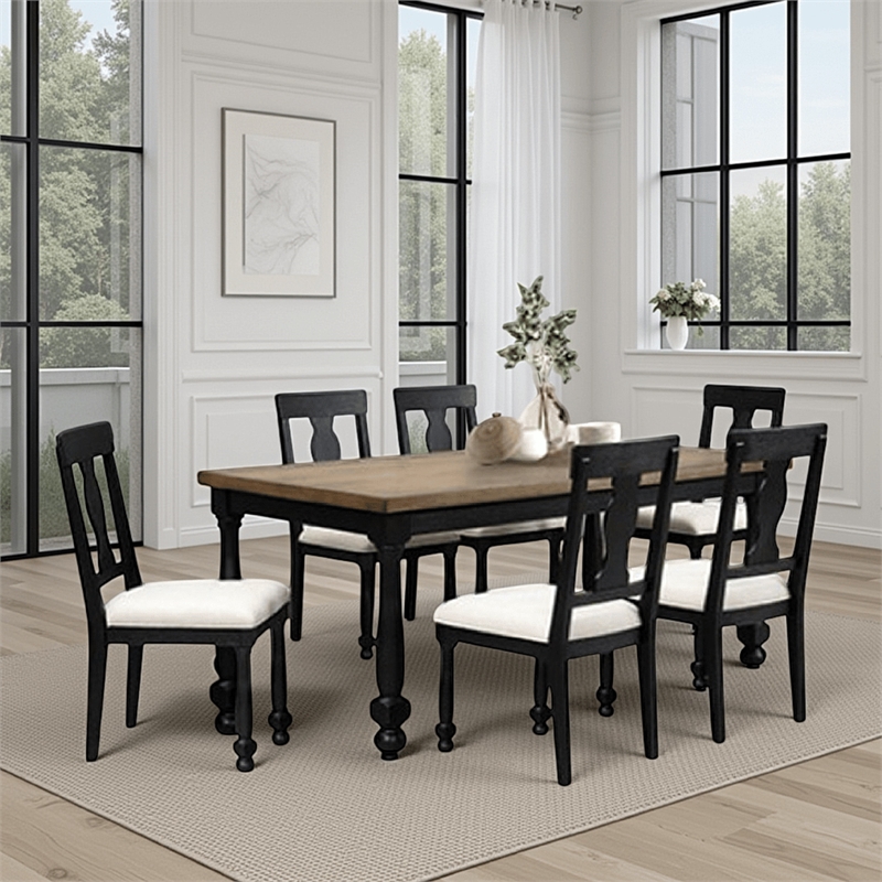 Ginie 7pc Dining Table Set- 6 Chairs- Farmhouse Legs- Black Rubberwood