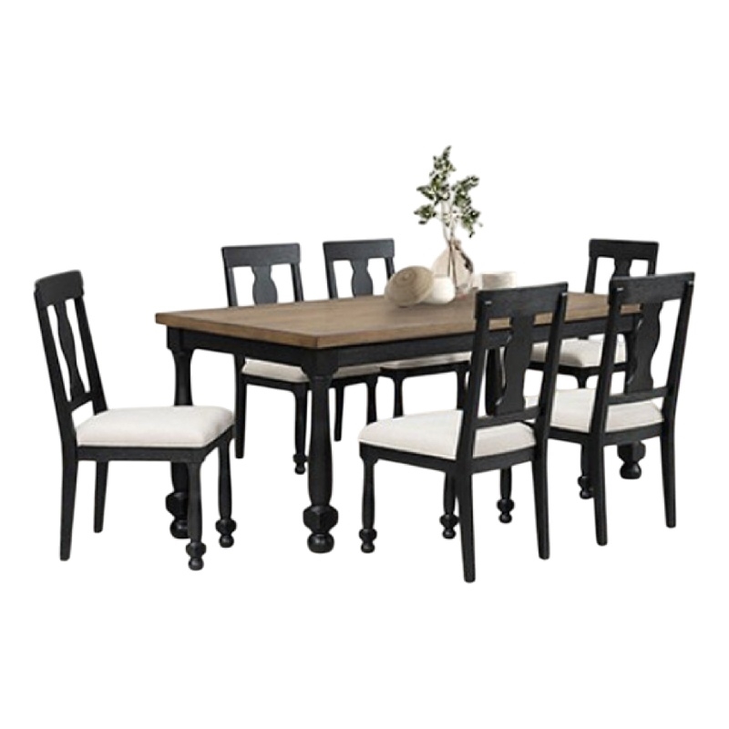 Ginie 7pc Dining Table Set- 6 Chairs- Farmhouse Legs- Black Rubberwood
